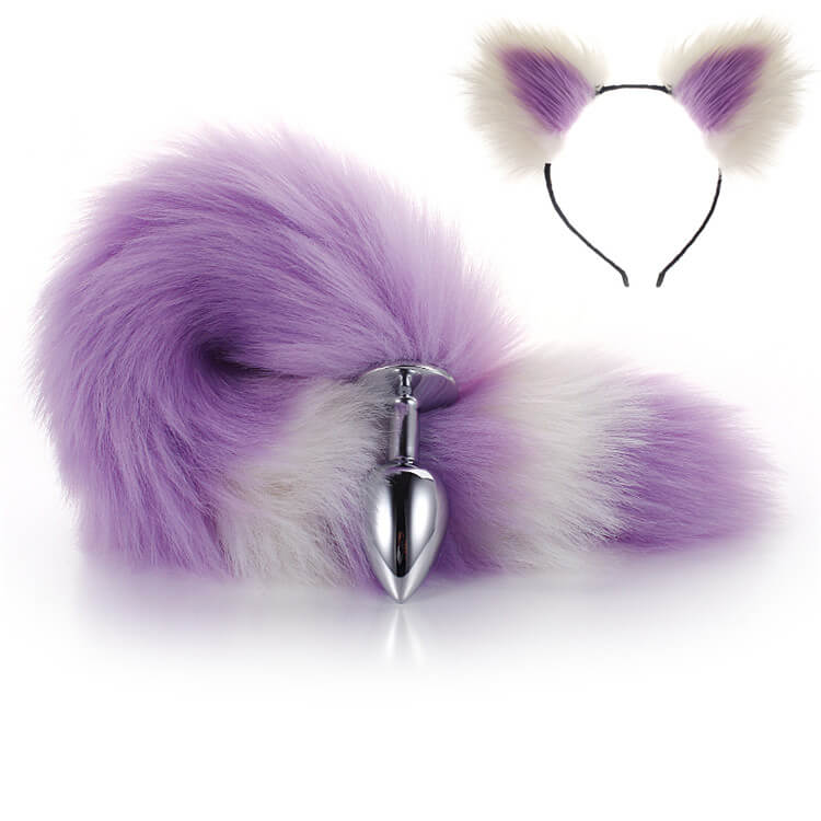 More-Purple-Less-White Furry Tail Anal Plug with Headdress