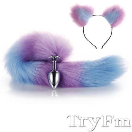 Purple-Blue Furry Tail Anal Plug with Headdress