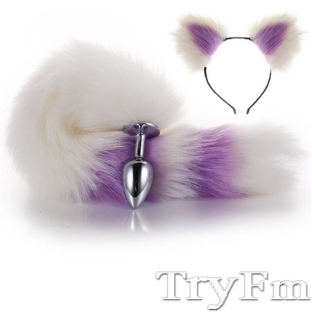 More-White-Less-Purple Furry Tail Anal Plug with Headdress