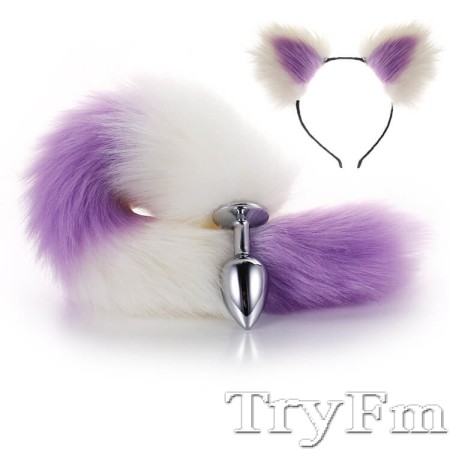 White Purple Furry Tail Anal Plug with Headdress 
