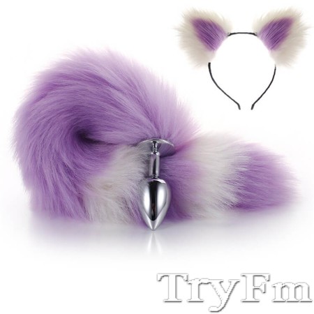 More-Purple-Less-White Furry Tail Anal Plug with Headdress 