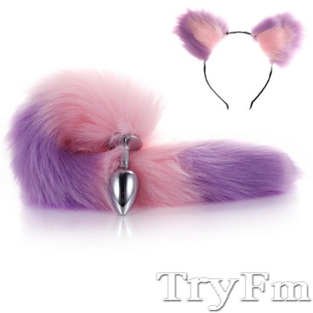 Pink-Purple Furry Tail Anal Plug with Headdress 