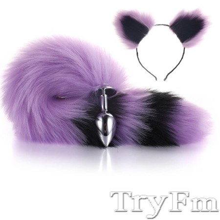 More-Purple-Less-Black Furry Tail Anal Plug with Headdress 