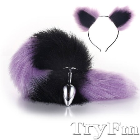 Black-Purple Furry Tail Anal Plug with Headdress  