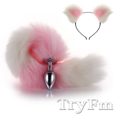 Pink-White Furry Tail Anal Plug with White-Pink Headdress