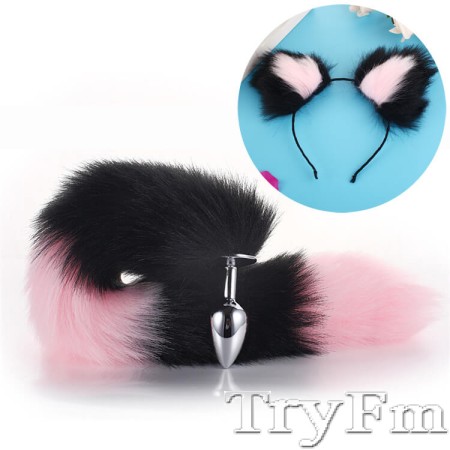 Black-Pink Furry Tail Anal Plug with Pink-Black Headdress