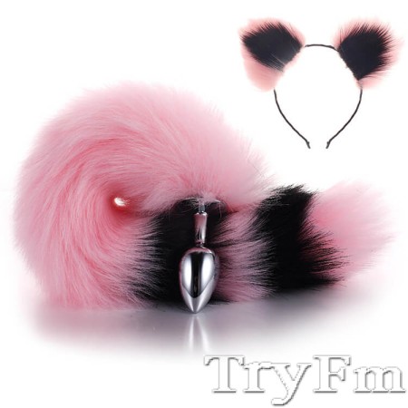 More-Pink-Less-Black Furry Tail Anal Plug with Pink-Black Headdress