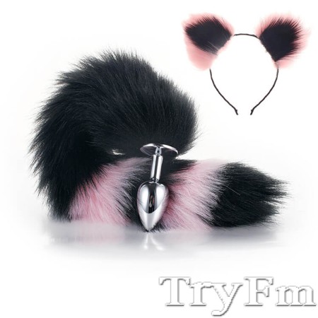 More-Black-Less-Pink Furry Tail Anal Plug with Pink-Black Headdress