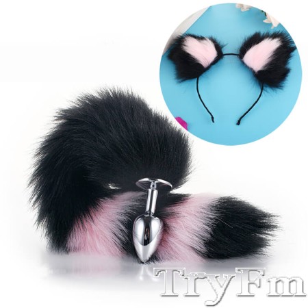More-Black-Less-Pink Furry Tail Anal Plug with Black-Pink Headdress