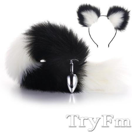 Black-White Furry Tail Anal Plug with Black-White Headdress