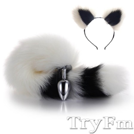 More-White-Less-Black Furry Tail Anal Plug with White-Black Headdress