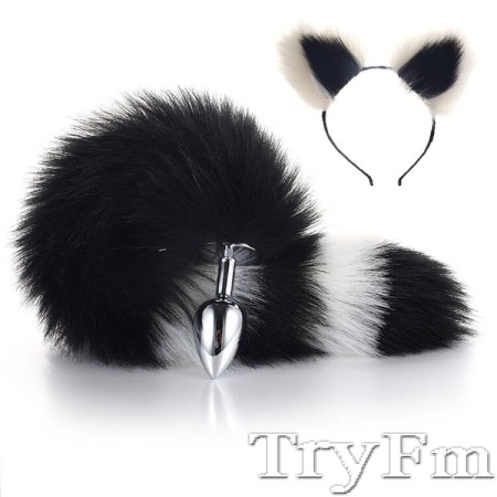 More-Black-Less-White Furry Tail Anal Plug with White-Black Headdress