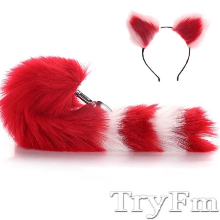 Red-Pink Furry Tail Anal Plug with Headdress
