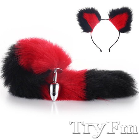 Red-Black Furry Tail Anal Plug with Headdress