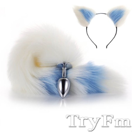 More-White-Less-Blue Furry Tail Anal Plug with Headdress