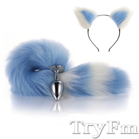 More-Blue-Less-White Furry Tail Anal Plug with Headdress