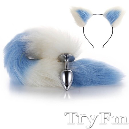 White-Blue Furry Tail Anal Plug with Headdress