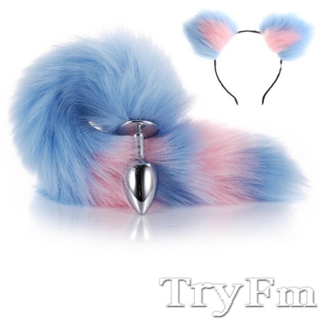 More-Blue-Less-Pink Furry Tail Anal Plug with Headdress