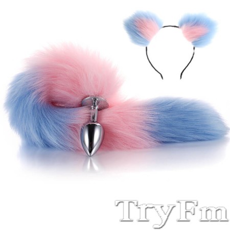 Pink-Blue Furry Tail Anal Plug with Headdress