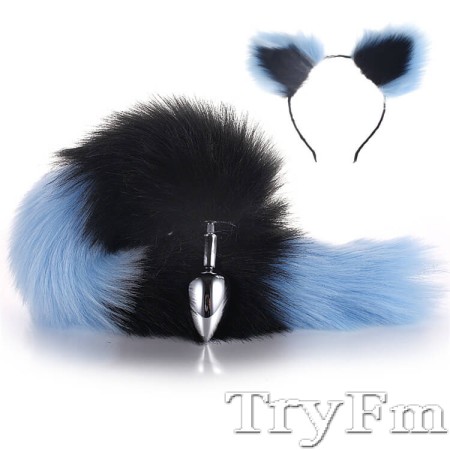 Black-Blue Furry Tail Anal Plug with Headdress