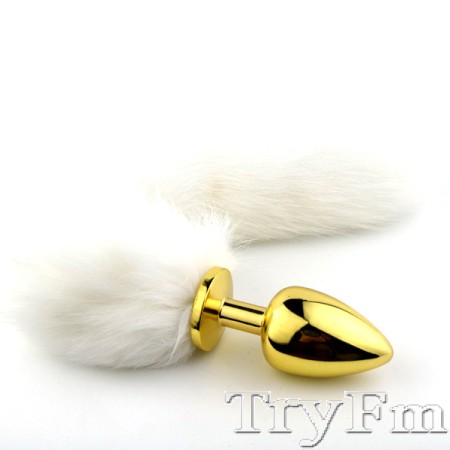 White fox tail with stainless steel gold plug