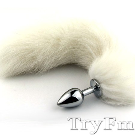 White fox tail with stainless steel gold plug