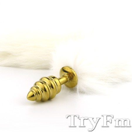 White fox tail with stainless steel gold plug