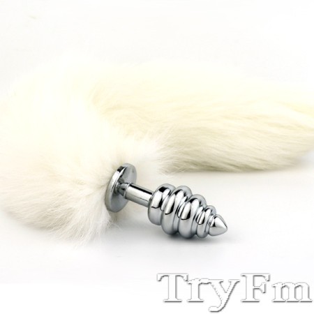 White fox tail with stainless steel gold plug