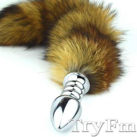 Natural red fox tail with stainless steel silver spiral plug