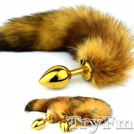 Natural red fox tail with stainless steel gold plug