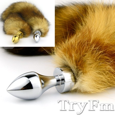 Natural red fox tail with stainless steel silver bullet plug