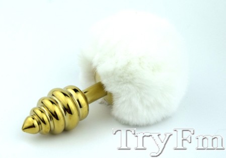 White rabbit tail with stainless steel twist gold plug