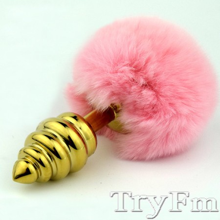 Pink rabbit tail with stainless steel twist gold plug