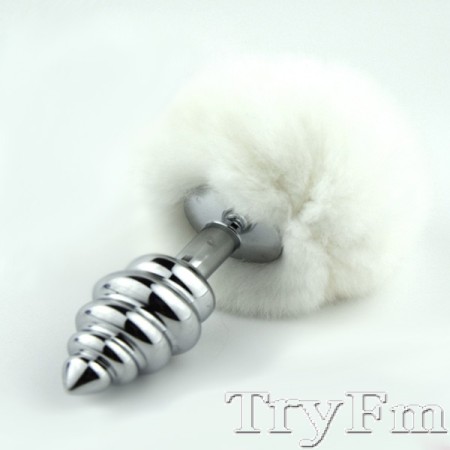 White rabbit tail with stainless steel twist silver plug