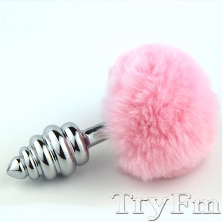 Pink rabbit tail with stainless steel twist silver plug