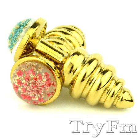 Stainless Steel Gold Twist Anal Plug with flower foundation 