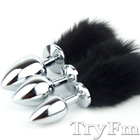 Black bunny tail with stainless steel silver anal plug