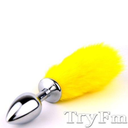 Yellow bunny tail with stainless steel silver anal plug