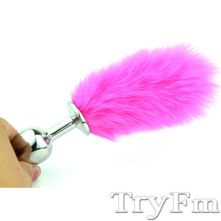 Red bunny tail with stainless steel silver anal plug - TRYFM.COM