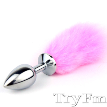 Pink bunny tail with stainless steel silver anal plug - TRYFM.COM
