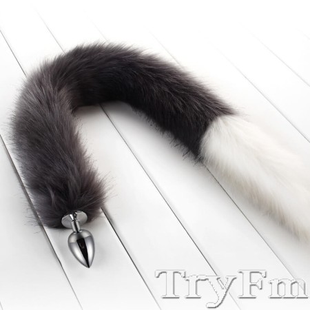 30" Grey-White Long tail with metal anal plug 