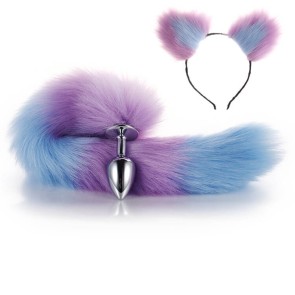 Purple-Blue Furry Tail Anal Plug with Headdress