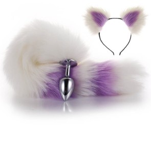 More-White-Less-Purple Furry Tail Anal Plug with Headdress