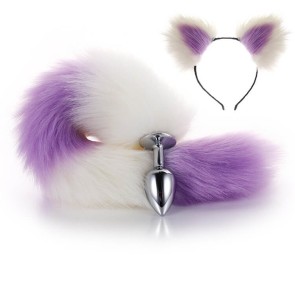 White Purple Furry Tail Anal Plug with Headdress 