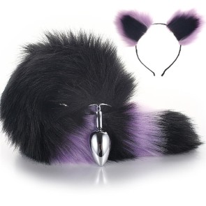More-Black-Less-Purple Furry Tail Anal Plug with Headdress 