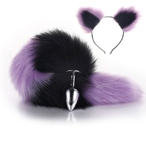 Black-Purple Furry Tail Anal Plug with Headdress  