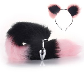 Black-Pink Furry Tail Anal Plug with Pink-Black Headdress