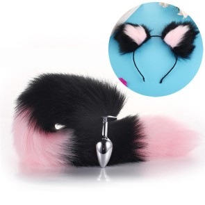 Black-Pink Furry Tail Anal Plug with Pink-Black Headdress