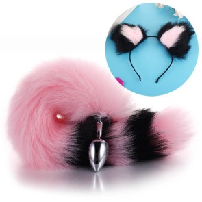 More-Pink-Less-Black Furry Tail Anal Plug with Black-Pink Headdress