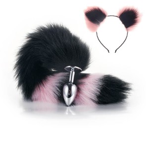 More-Black-Less-Pink Furry Tail Anal Plug with Pink-Black Headdress